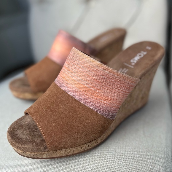 Toms Monica Tan Peach Ombra Women's US 8  Cork Wedge Platform Heel Shoes Sandals - Picture 3 of 16